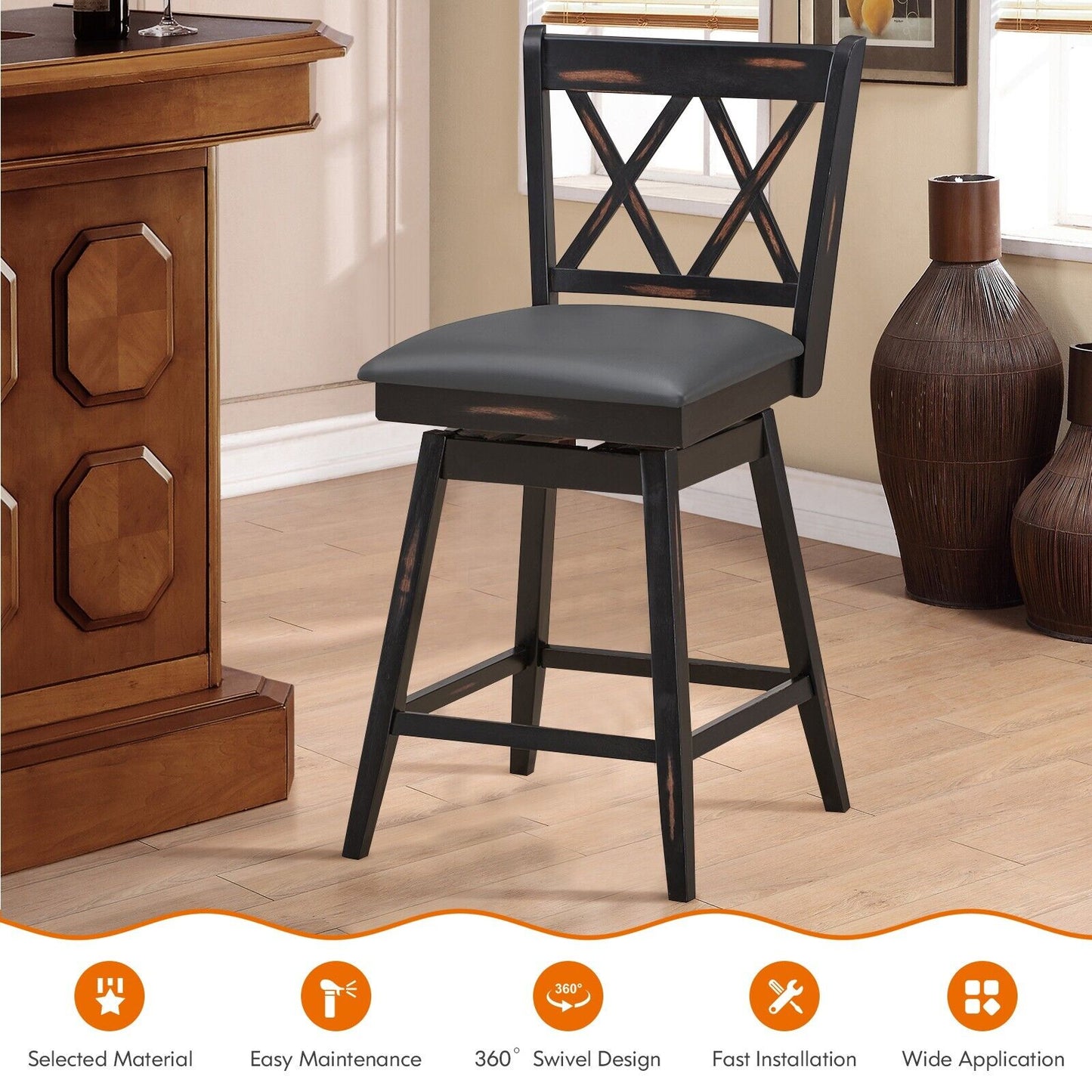 Set of 2 Counter Height Bar Stool with Ergonomic Backrest-Black