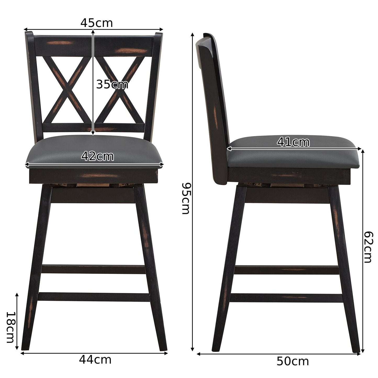 Set of 2 Counter Height Bar Stool with Ergonomic Backrest-Black