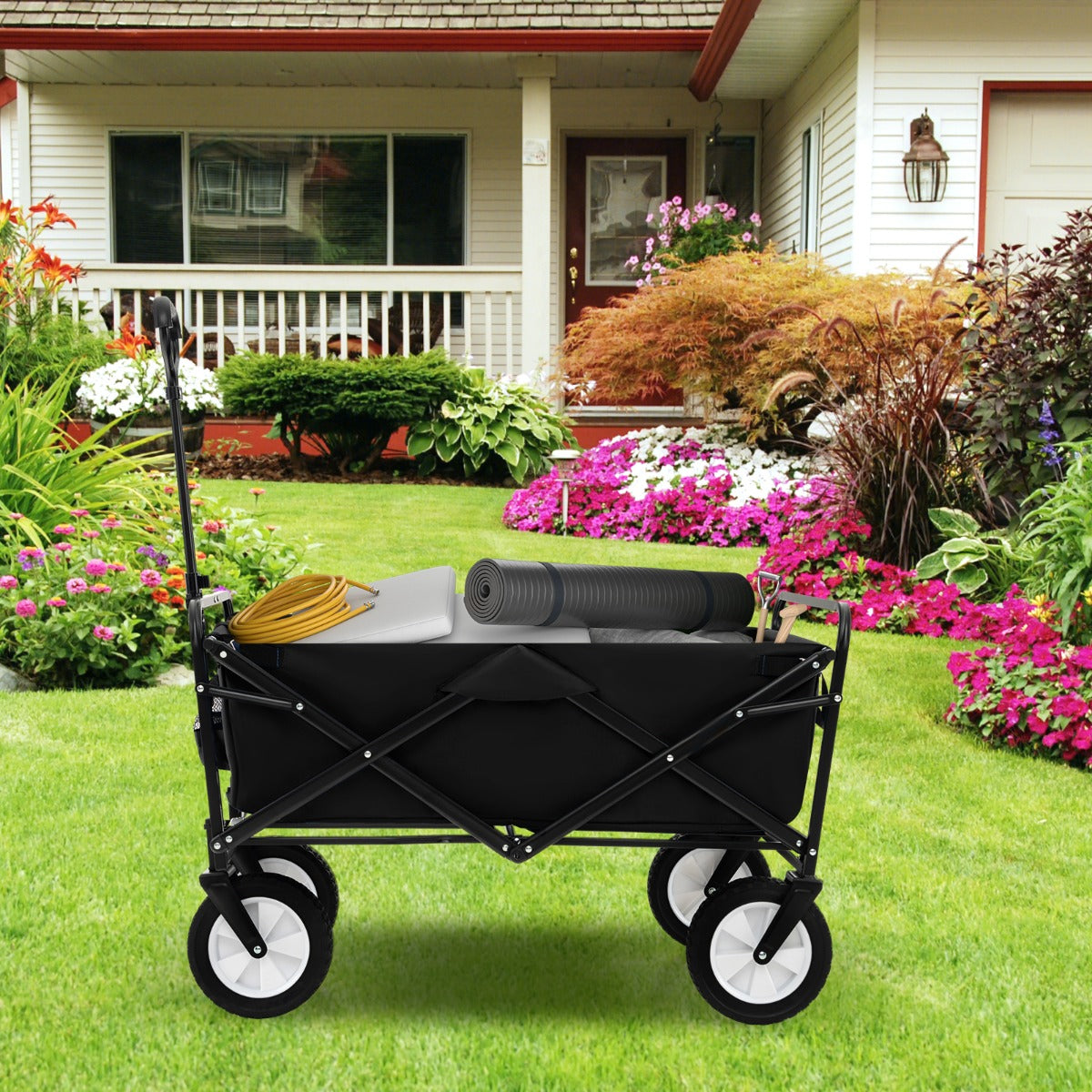 eavy Duty Camping Garden Cart with Adjustable Handle and Drink Holders-Black