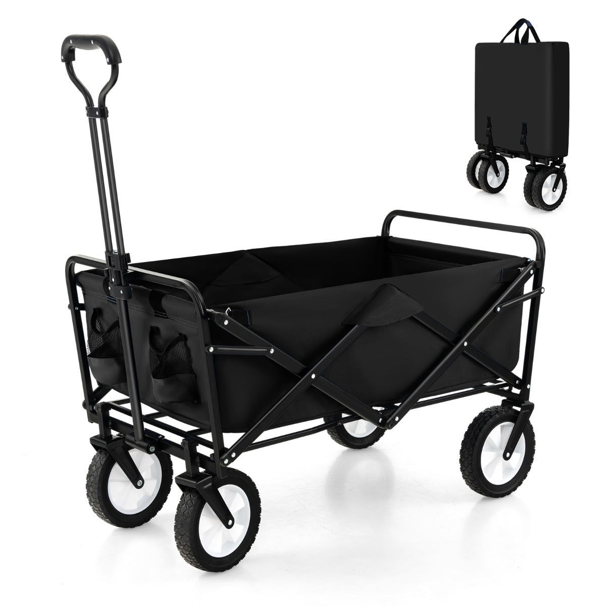 eavy Duty Camping Garden Cart with Adjustable Handle and Drink Holders-Black