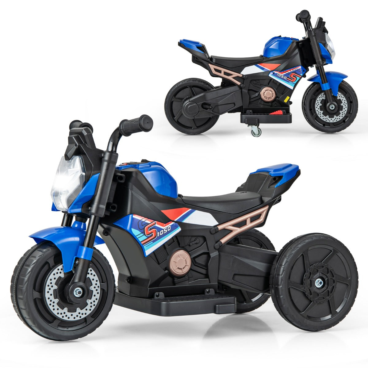 6V Kids Ride-on Motorcycle with 2-wheel/3-wheel Conversion &amp; Detachable Training Wheels-Blue