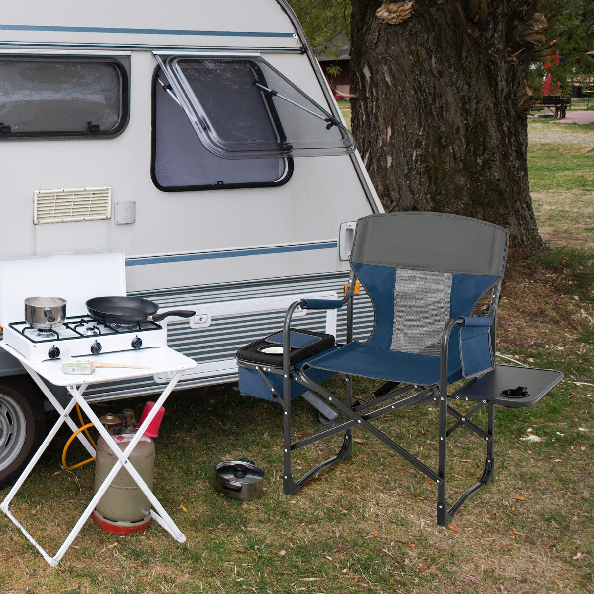 Folding Camping Chair with Side Table and Cooler Bag-Blue