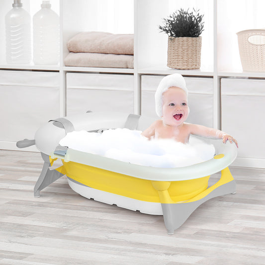 HOMCOM Collapsible Baby Bath Tub Foldable Ergonomic w/ Cushion Temperature Sensitive Water Plug Non-Slip Support Leg Portable for 0-3 Years, Yellow