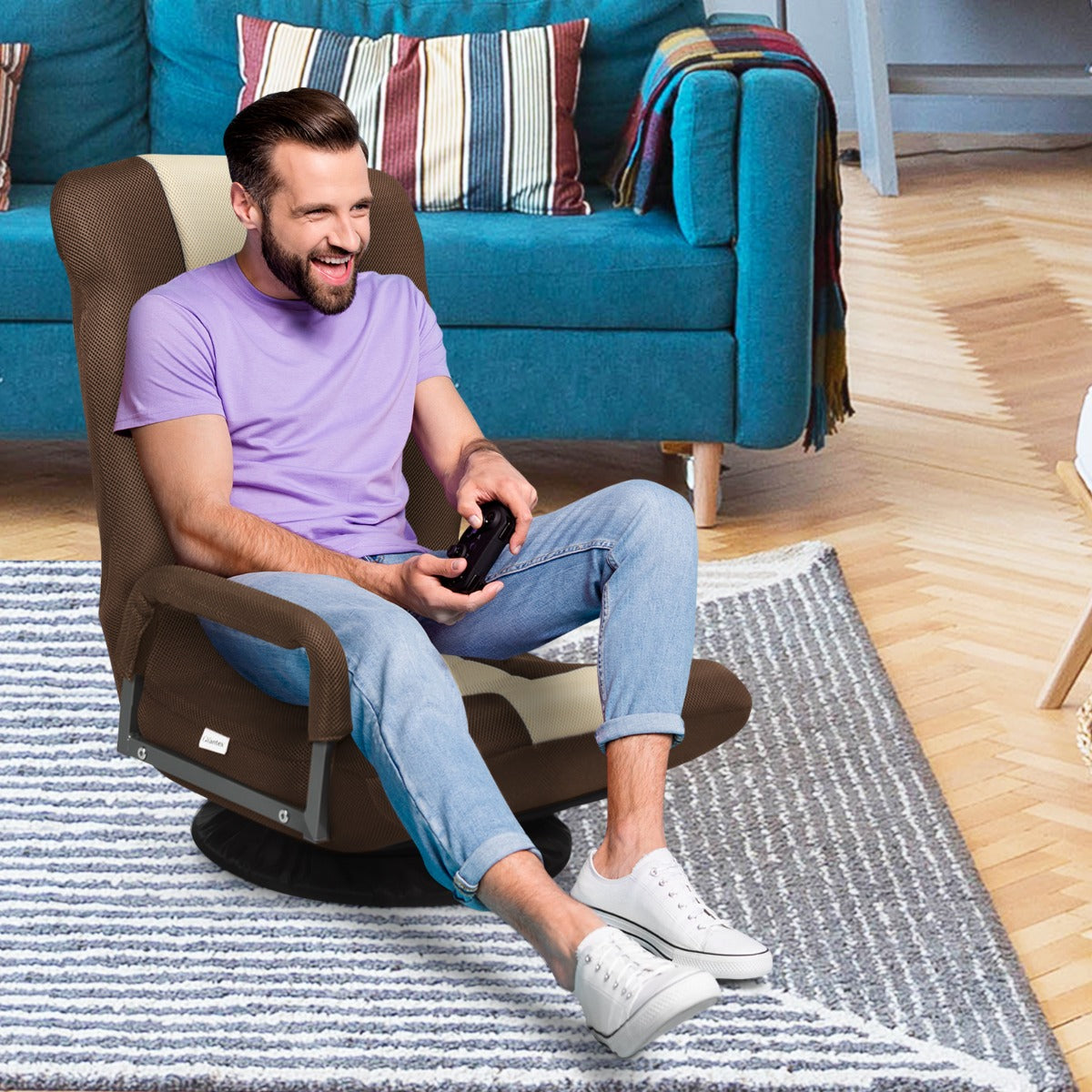 Foldable 360-Degree Swivel Gaming Floor Chair with Adjustable Backrest-Brown