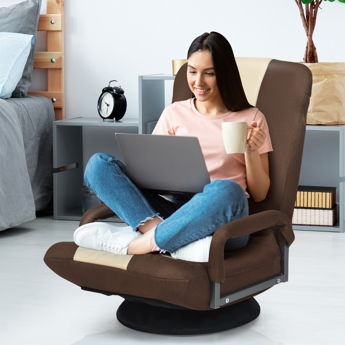 Foldable 360-Degree Swivel Gaming Floor Chair with Adjustable Backrest-Brown