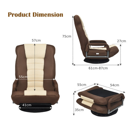 Foldable 360-Degree Swivel Gaming Floor Chair with Adjustable Backrest-Brown