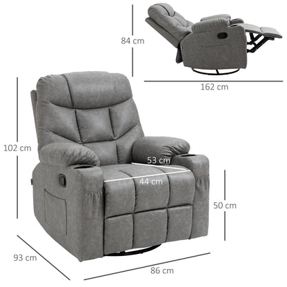 HOMCOM Manual Reclining Chair, Recliner Armchair with Faux Leather, Footrest, Cup Holders, 86x93x102cm, Grey