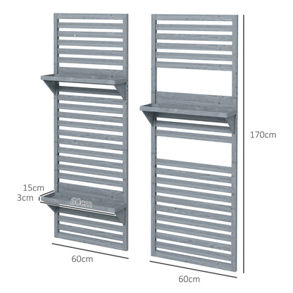 Outsunny Wall Mounted Plant Stands Set of 2, Fir Wood Flower Stand with Shelves and Slatted Trellis for Patio, Balcony, Porch Grey