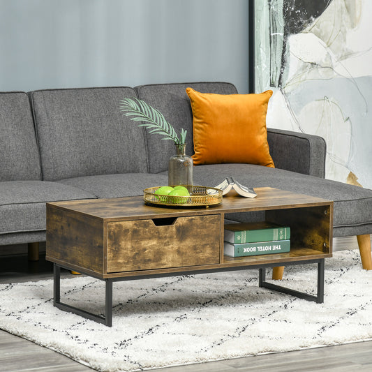 HOMCOM Industrial Coffee table Wooden End Table with Shortage Shelf and Drawer Modern Sofa Table Metal Frame, Rustic Brown 106W x 48D x 43H cm