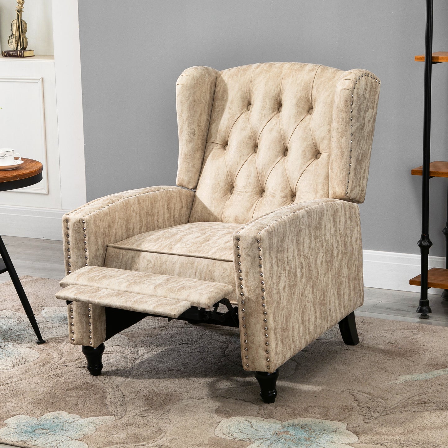 HOMCOM Studded Upholstered Reclining Armchair w/ Retractable Footrest Beige