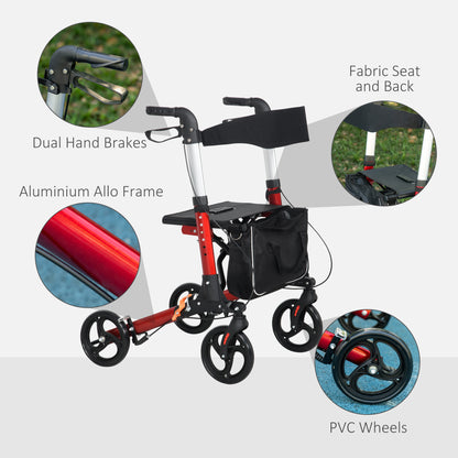 HOMCOM Folding Rollator Walker w/ Seat & Backrest, Lightweight Walking Frame w/ Adjustable Handle Height, 4 Wheeled Walker, Red