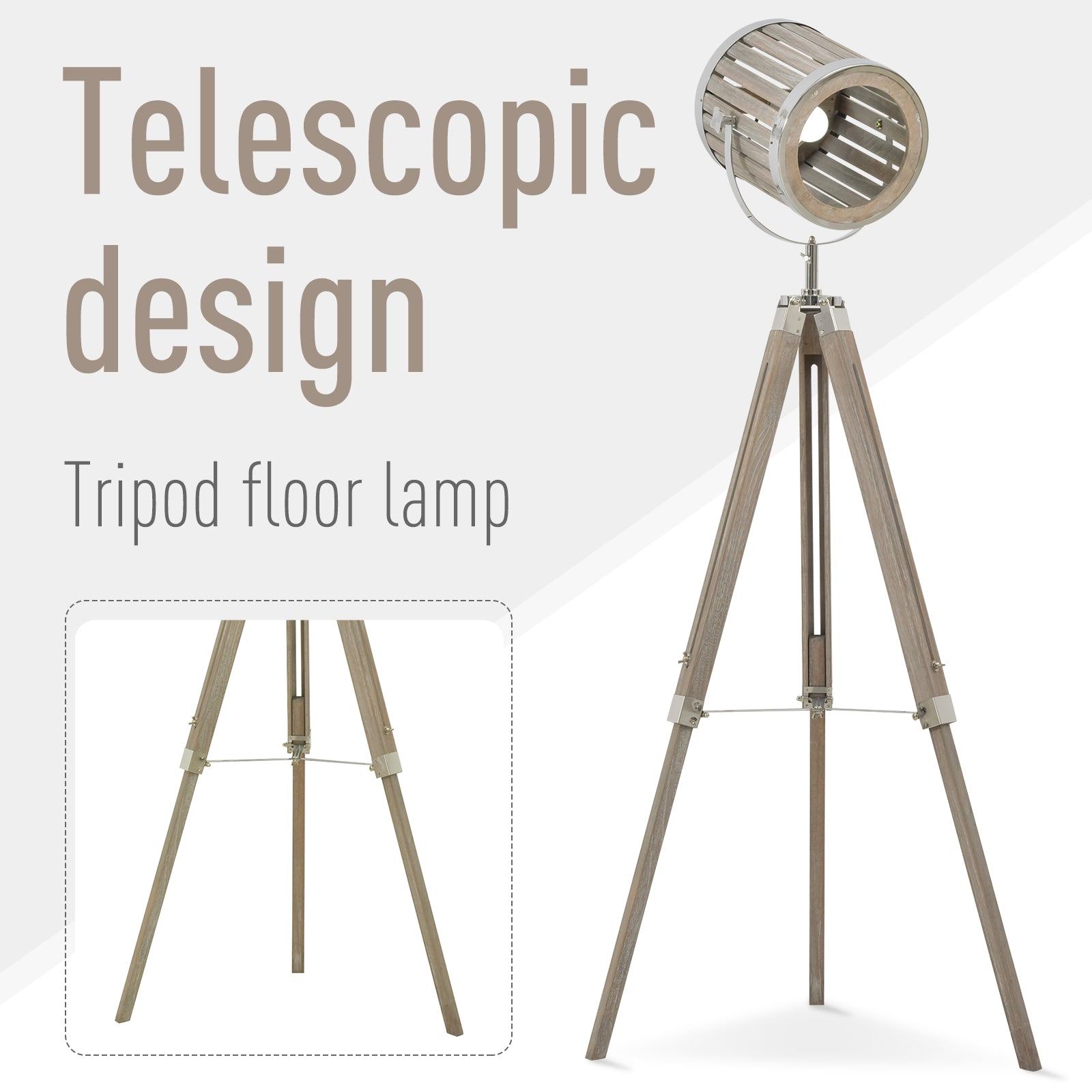 HOMCOM Floor Lamps for Living Room Unique Wood Frame Adjustable Shade Height Unique Vintage Spotlight Metal Home Office Furniture Lighting