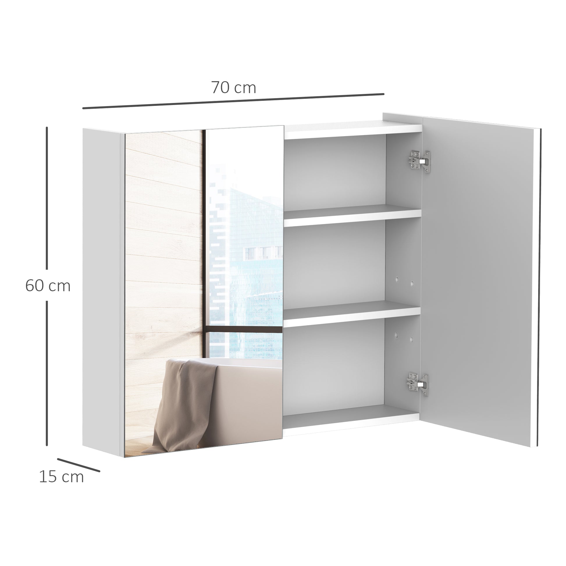 HOMCOM Bathroom Mirror Storage Cabinet Wall Mounted Double Doors Cupboard with Adjustable Shelf 60H x 70W x 15Dcm - White