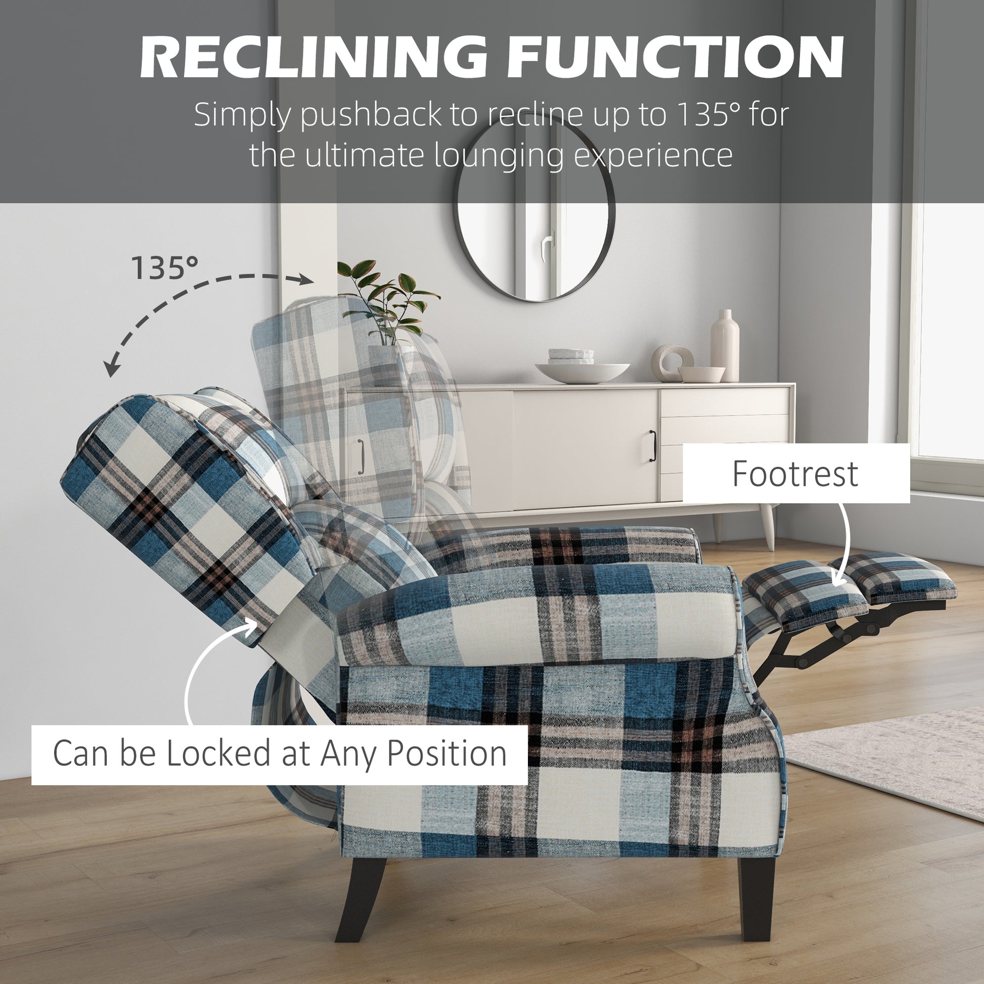 HOMCOM Wingback Reclining Chair Push Back Recliner Armchair for Living Room Bedroom with Footrest Armrests Wood Legs Blue