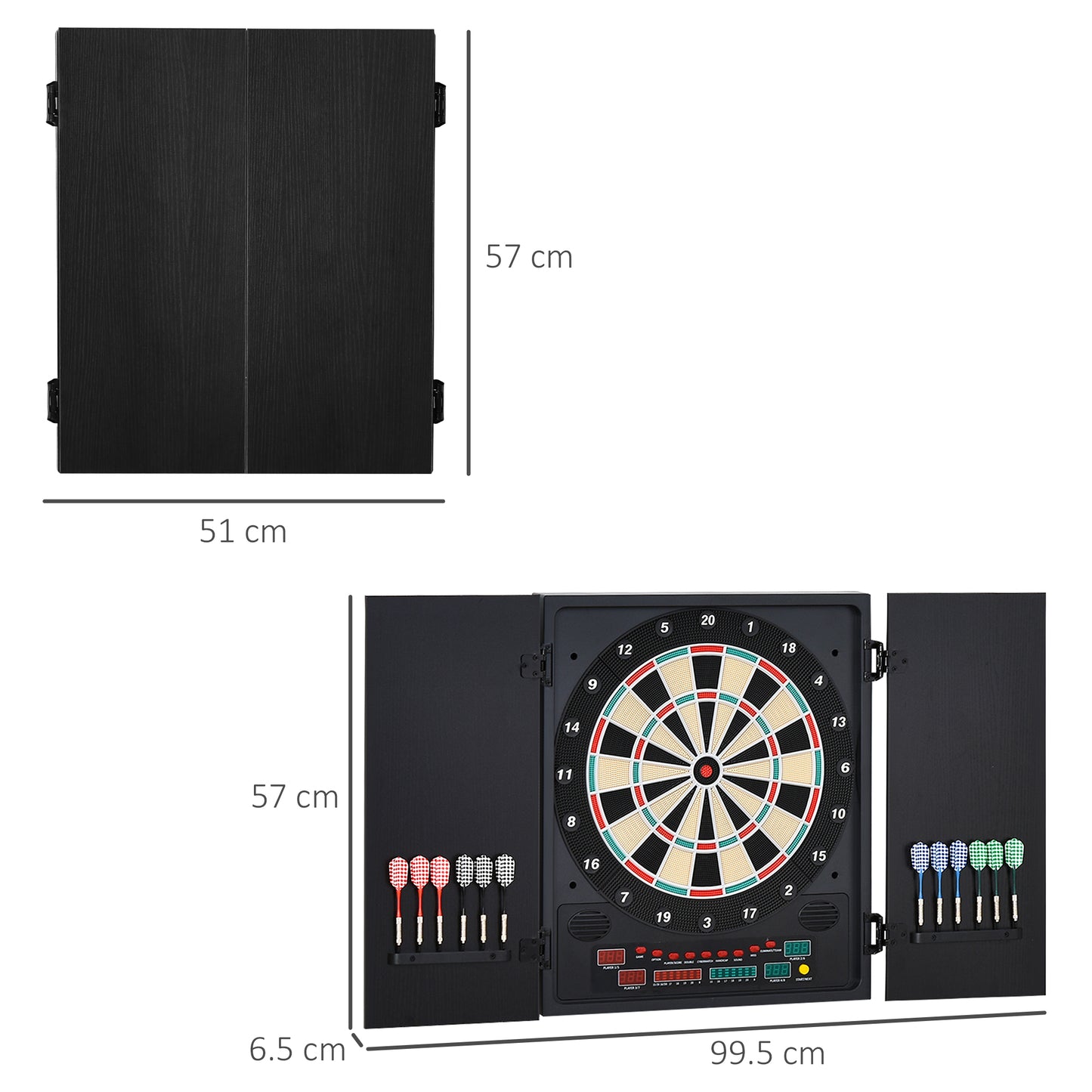 HOMCOM Electronic Dartboard In Case LED Scoreboard w/ 12 Darts 30 Heads Side Storage Cabinet Classic Game Family Fun Game Black White