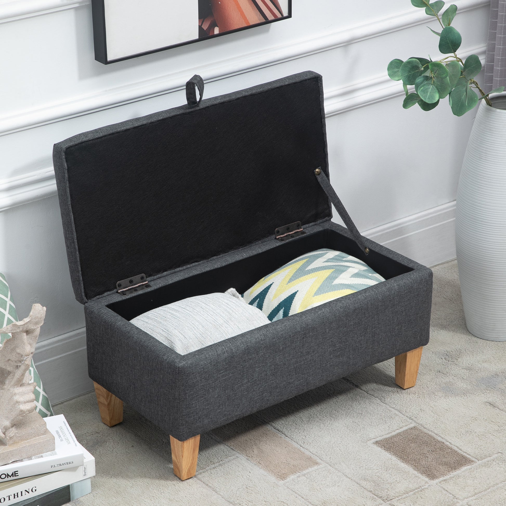 HOMCOM Linen Storage Ottoman Padded Footstool with Rubberwood Legs Ideal for Toy Box, Bed End, Shoe Bench, Seating