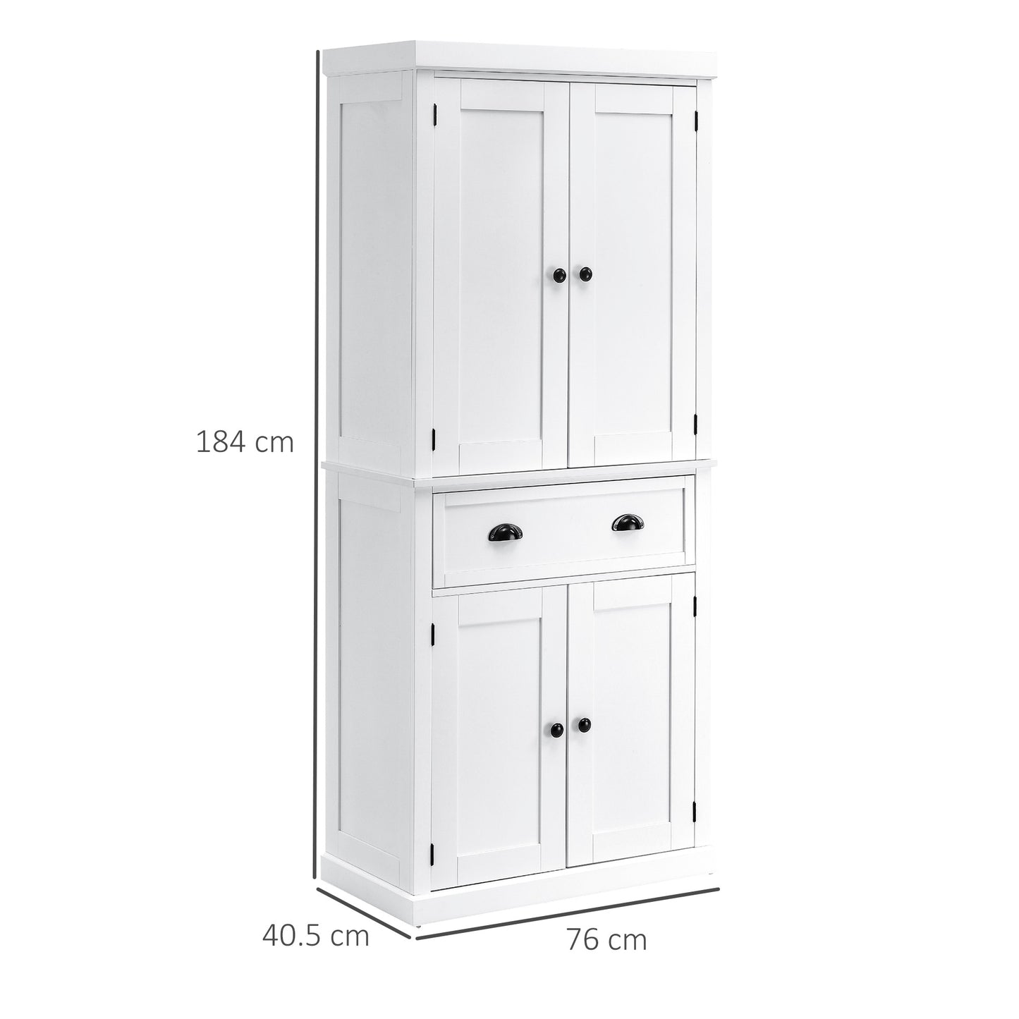 HOMCOM Traditional Colonial Freestanding Kitchen Cupboard Storage Pantry Cabinet - 76L x 40.5W x 184H (cm) White