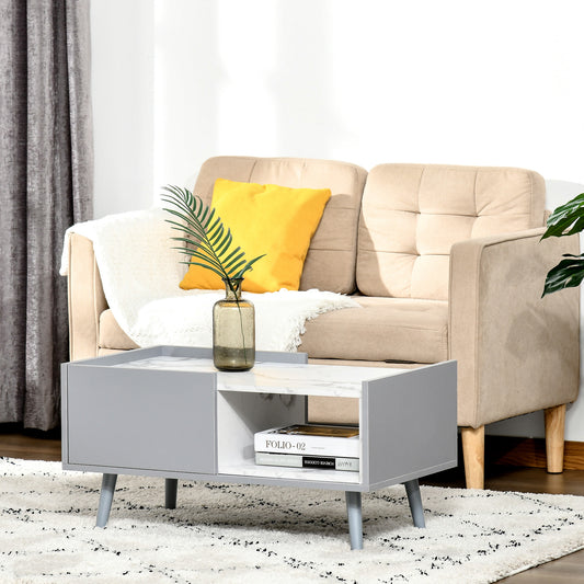 HOMCOM Two-Tone Coffee Table | Duo Storage Side Storage Furniture | Modern Marble Effect w/ Shelf Drawer Table Top Wood Legs Grey - White