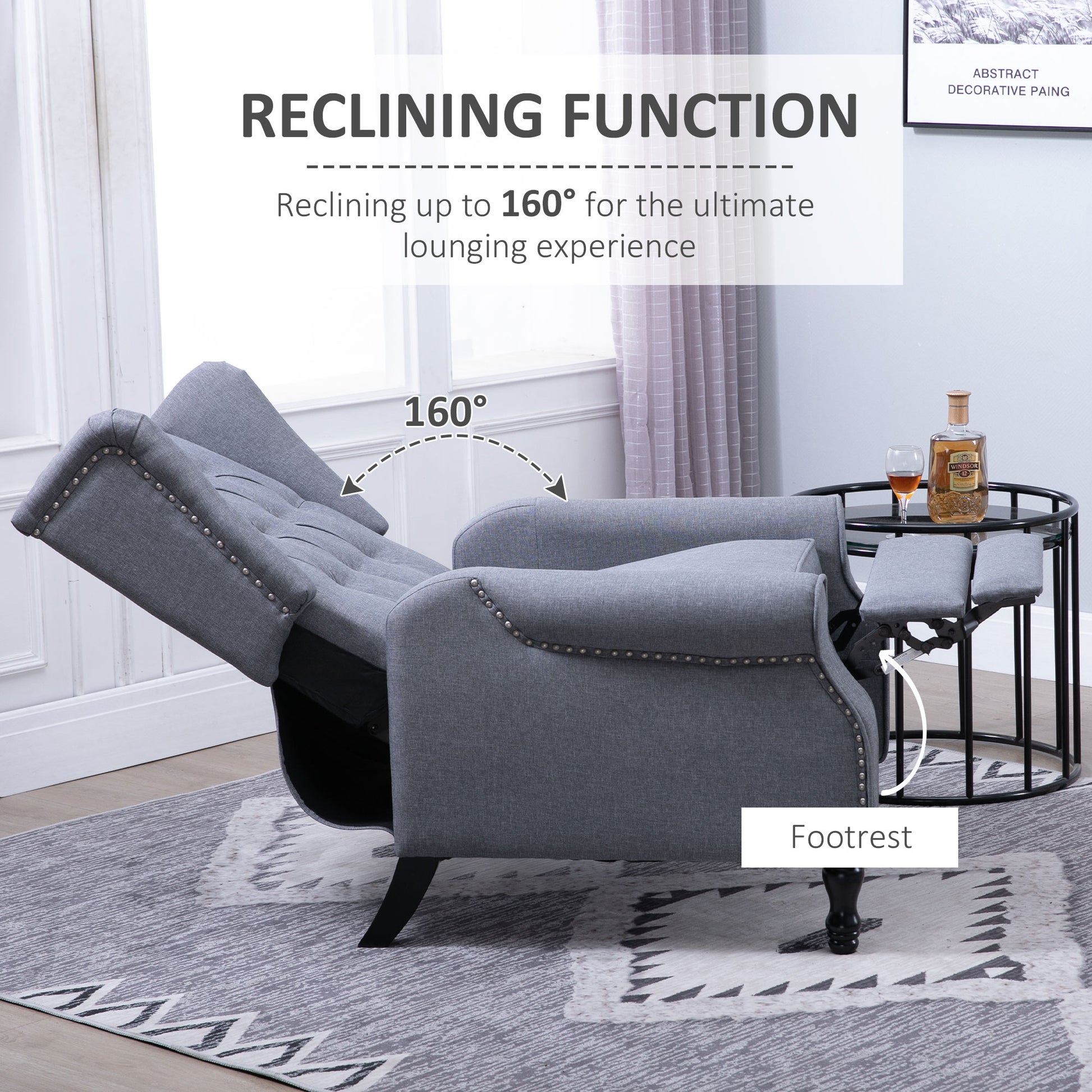 HOMCOM Recliner Armchair for Living Room, Reclining Chair, Wingback Chair with Button Tufted Back and Footrest, Light Grey