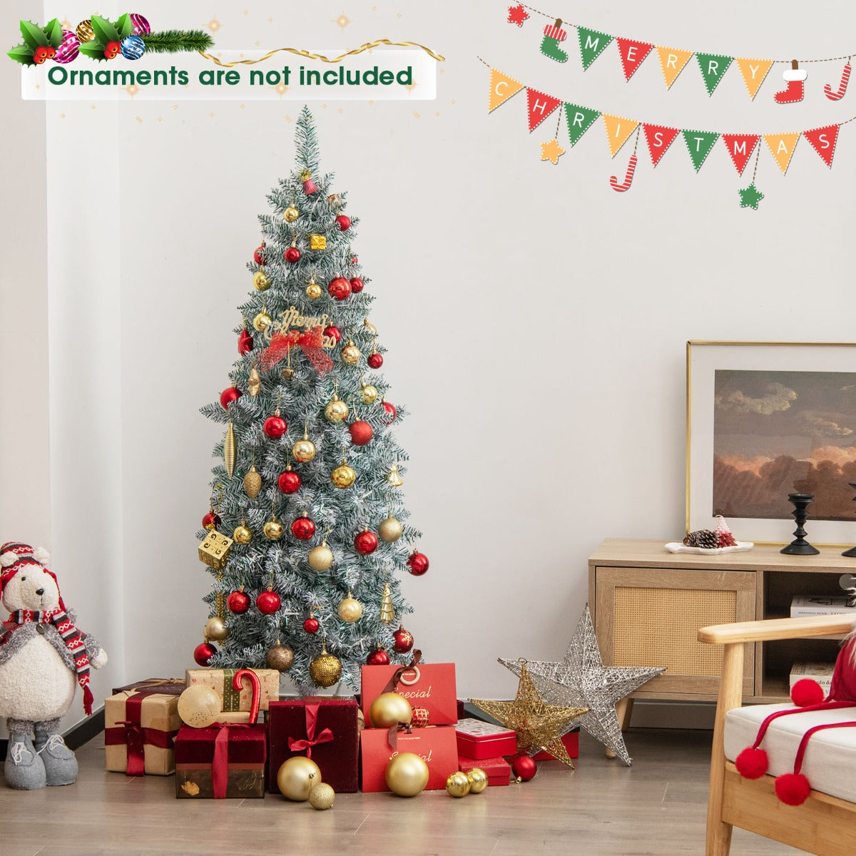 150/180 cm Slim Pencil Christmas Tree with 343/475 Branch Tips and 190/250 Colorful LED Lights-150 cm