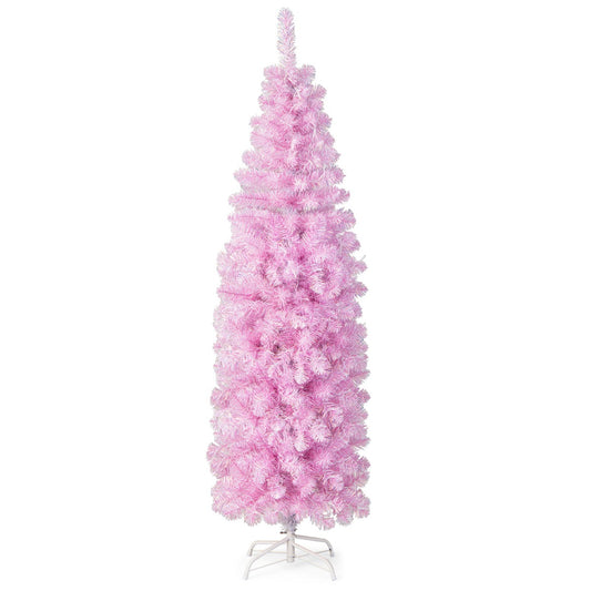 180 cm Pink Slim Xmas Tree with 475 Branch Tips and 250 Cold White LED Lights