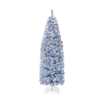 180 cm Slim Christmas Tree, Artificial Xmas Tree with 475 Branch Tips and 250 Cold White LED Lights