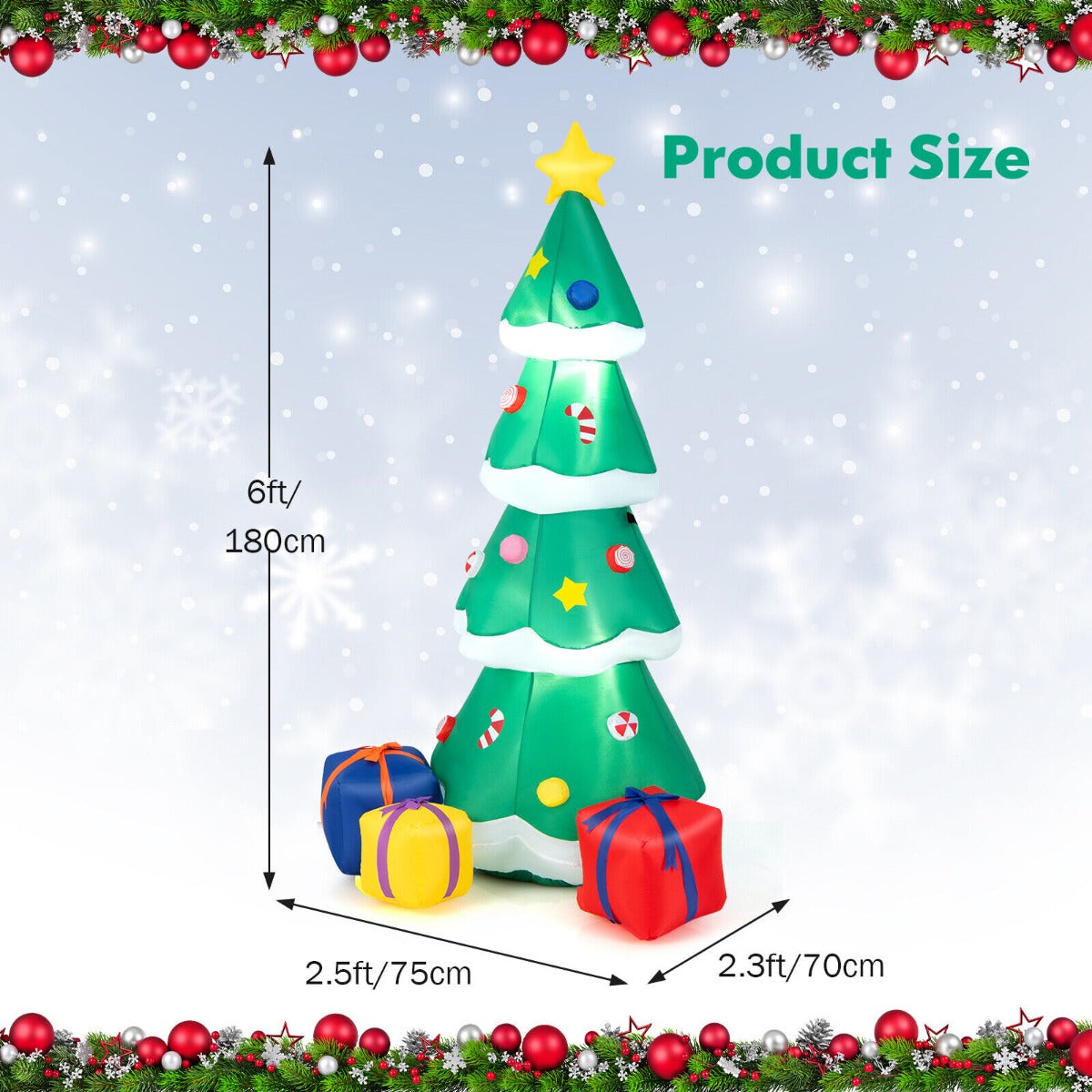 180cm Inflatable Christmas Tree Tall Blow up X-mas Tree with LED Lights