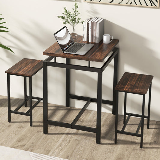 Counter Height Table and 2 Stools set with Floating Tabletop and Footrest for Small Space-Rustic Brown