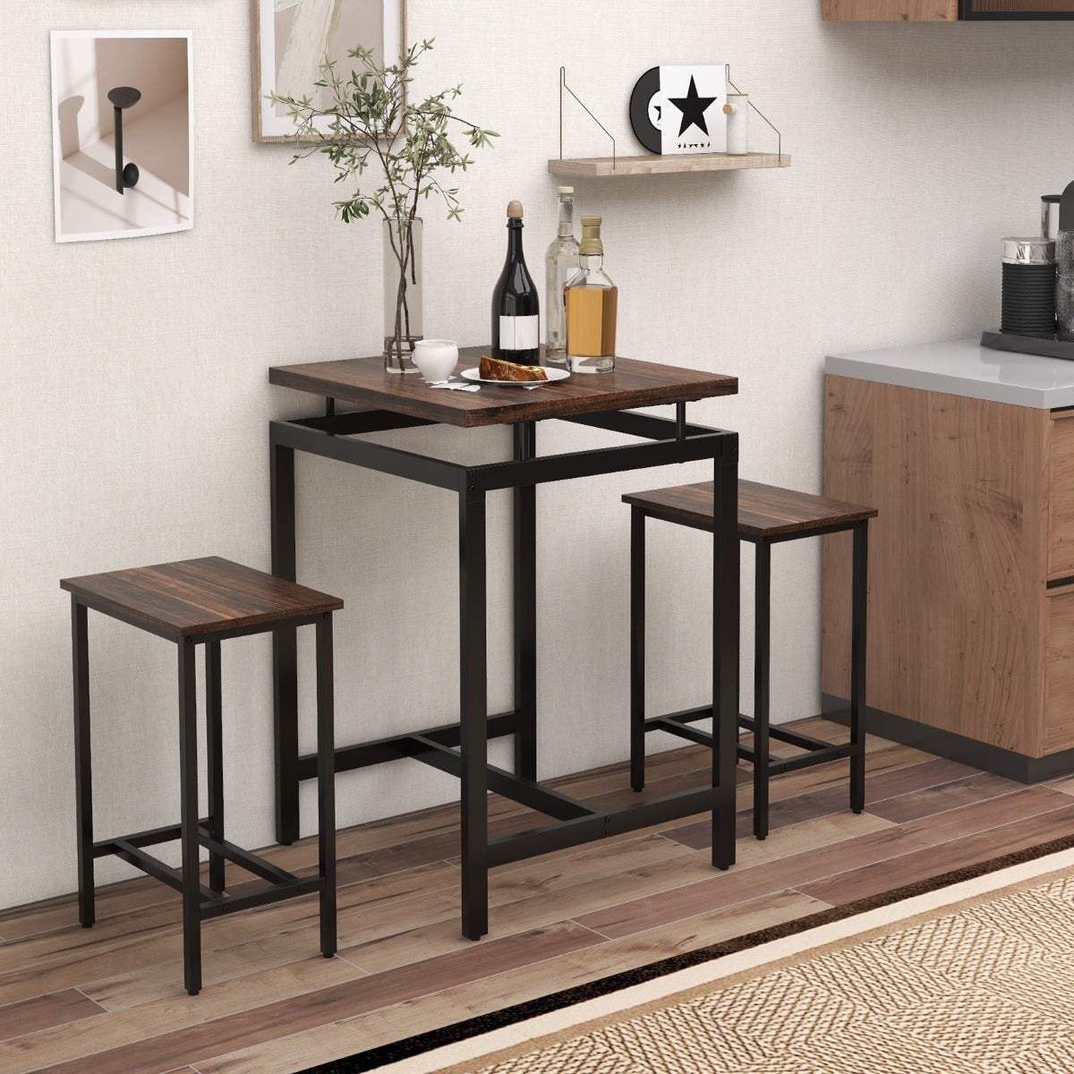 Counter Height Table and 2 Stools set with Floating Tabletop and Footrest for Small Space-Rustic Brown