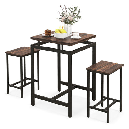 Counter Height Table and 2 Stools set with Floating Tabletop and Footrest for Small Space-Rustic Brown