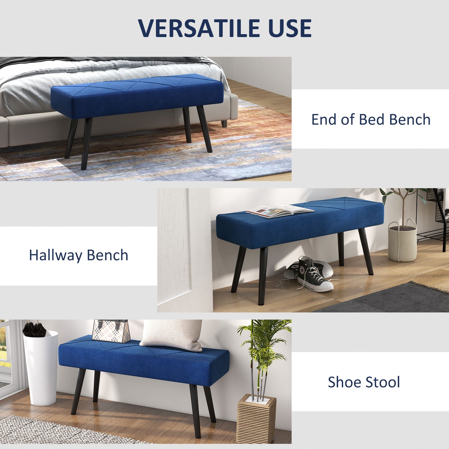 HOMCOM End of Bed Bench with X-Shape Design and Steel Legs, Upholstered Hallway Bench for Bedroom, Blue