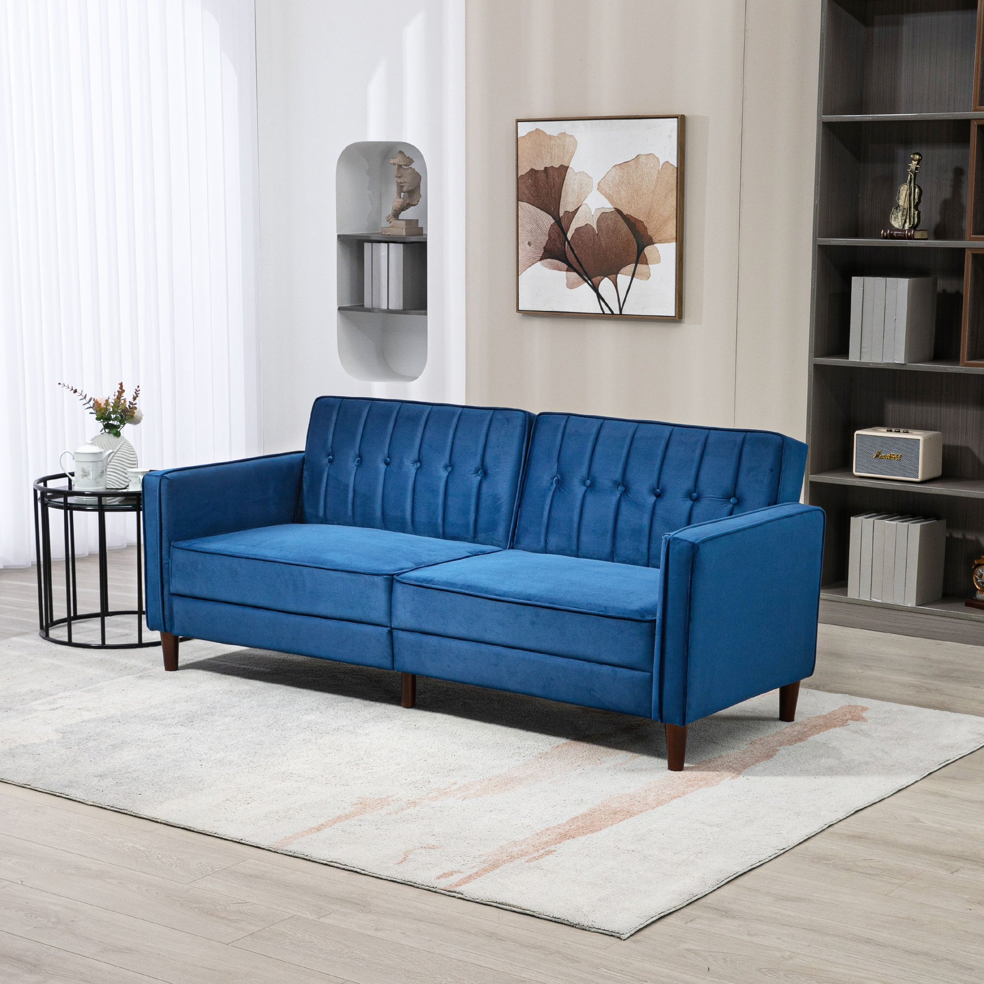 HOMCOM Modern Convertible Sofa Futon Velvet-Touch Tufted Couch Compact Loveseat with Adjustable Split Back, Blue