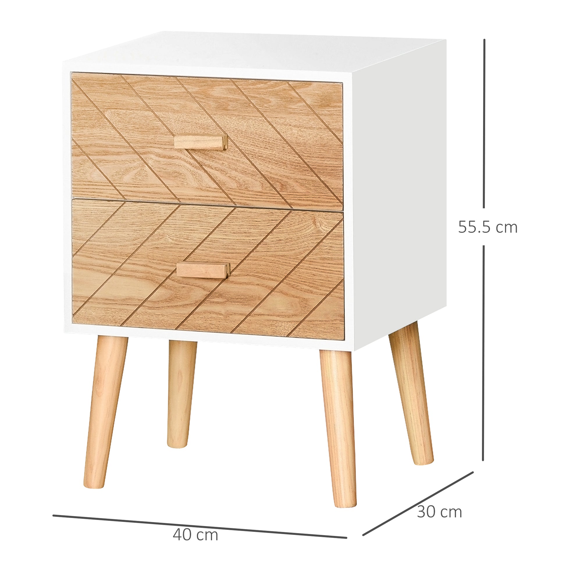 HOMCOM 2 Drawers Bedside Table with Pine Legs, Bedroom Wooden Storage Cabinet, Set of 2, Natural