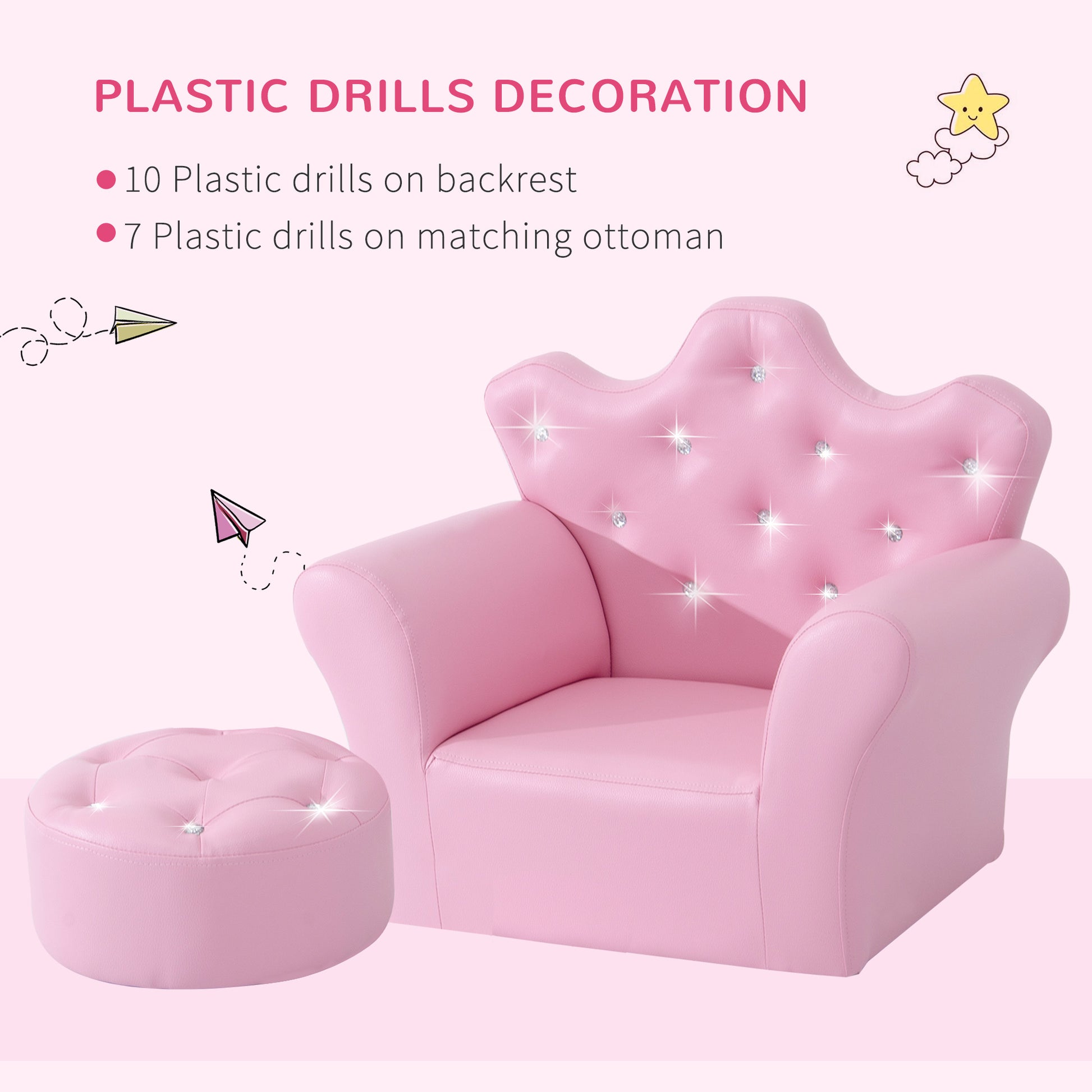 HOMCOM Children Kids Sofa Set Armchair Chair Seat with Free Footstool PU Leather Pink