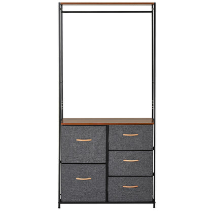 HOMCOM Chest of Drawers with Coat rack Steel Frame 5 Drawers  Bedroom Hallway Home Furniture Black Brown