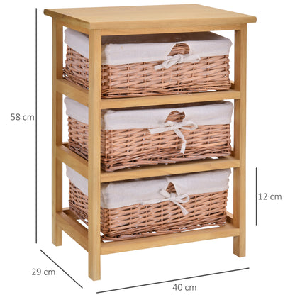 HOMCOM 3 Drawer Dresser Wicker Basket Storage Shelf Unit Wooden Frame Home Organisation Cabinet Bedroom Office Furniture Natural Finish 58x40cm