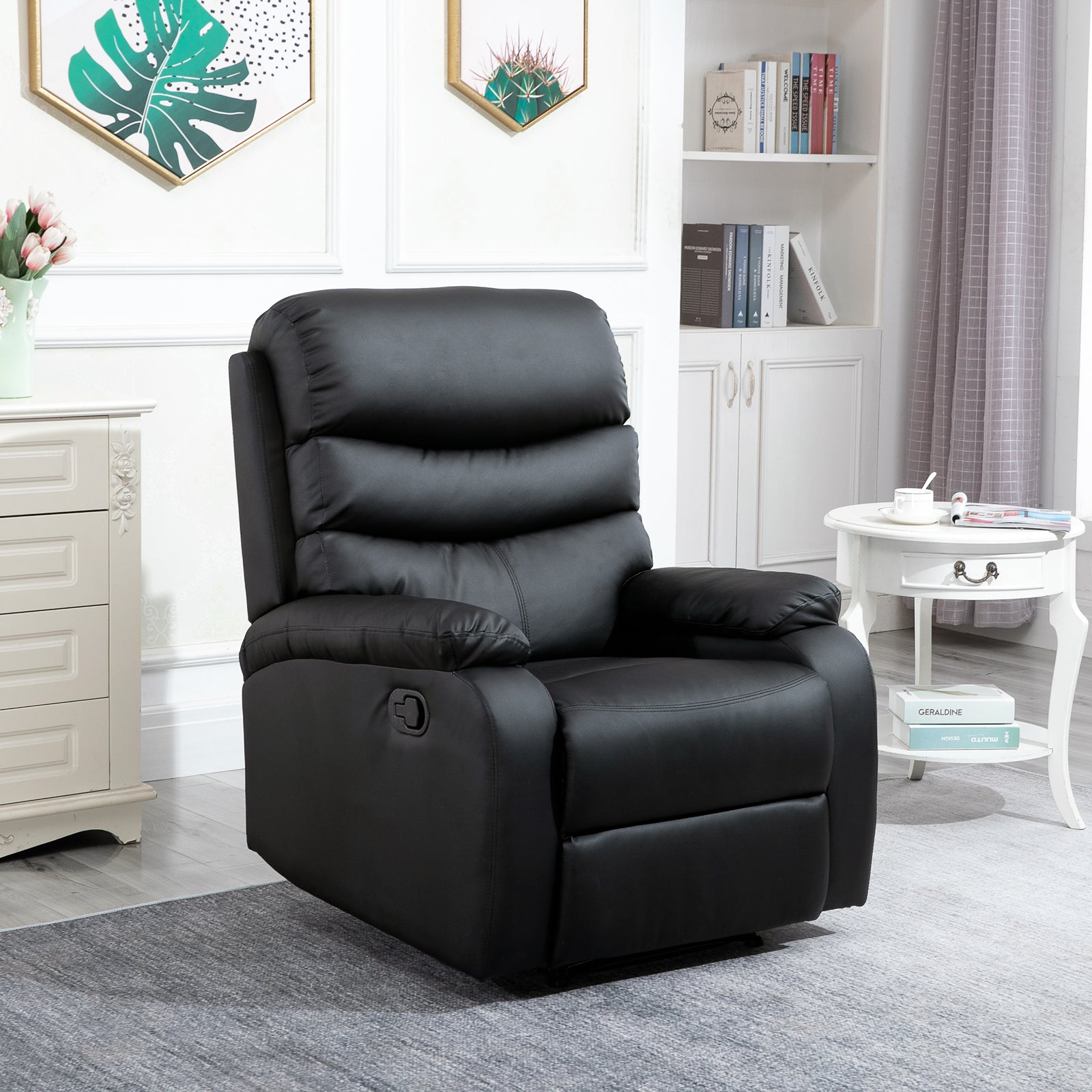 HOMCOM PU Leather Reclining Chair, Manual Recliner Chair with Padded Armrests, Retractable Footrest and Wood Frame, Black