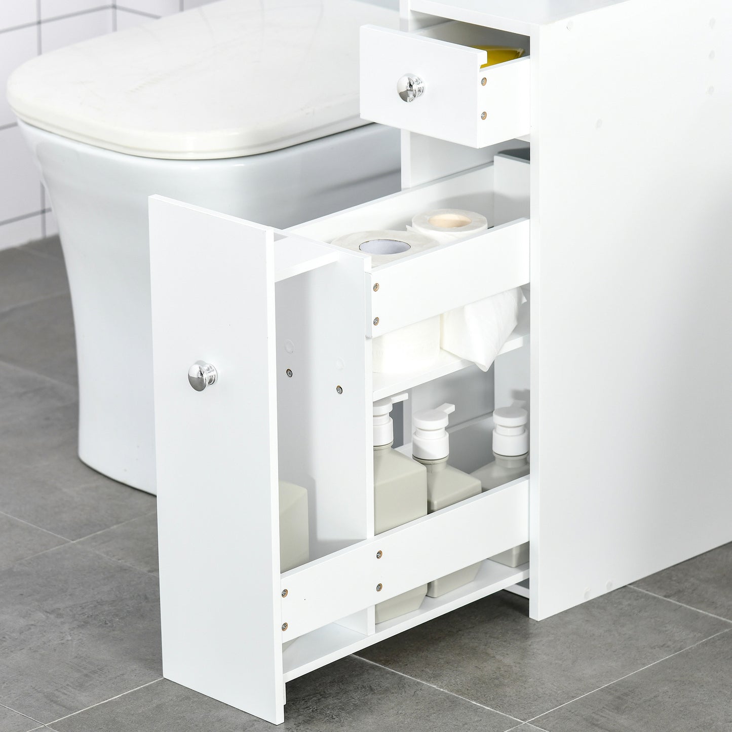 HOMCOM Bathroom Storage Unit, White Slimline Bathroom Cabinet, Home Bath Toilet Cupboard Organiser Unit with Drawers, White