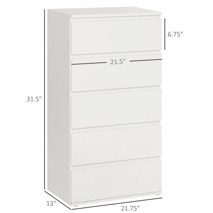 HOMCOM Chest of Drawer, 5 Drawers Storage Cabinet Freestanding Tower Unit Bedroom Living Room Furniture, White