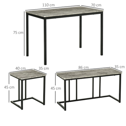 HOMCOM Dining Table and Chairs Set for 4 People, Concrete Effect Kitchen Table and Bench Set with Steel Frame, 4 Piece Dining Room Sets, Grey