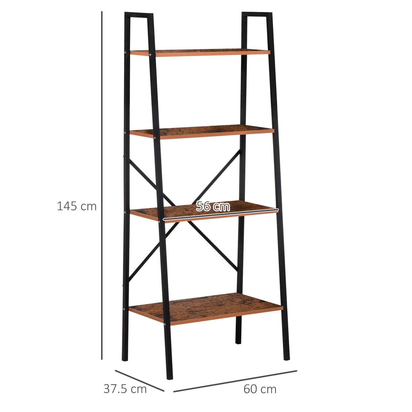 HOMCOM 4-Tier Vintage Ladder Shelf Bookcase Wood Storage Rack Stand Plants Display Black brown