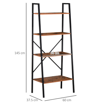 HOMCOM 4-Tier Vintage Ladder Shelf Bookcase Wood Storage Rack Stand Plants Display Black brown