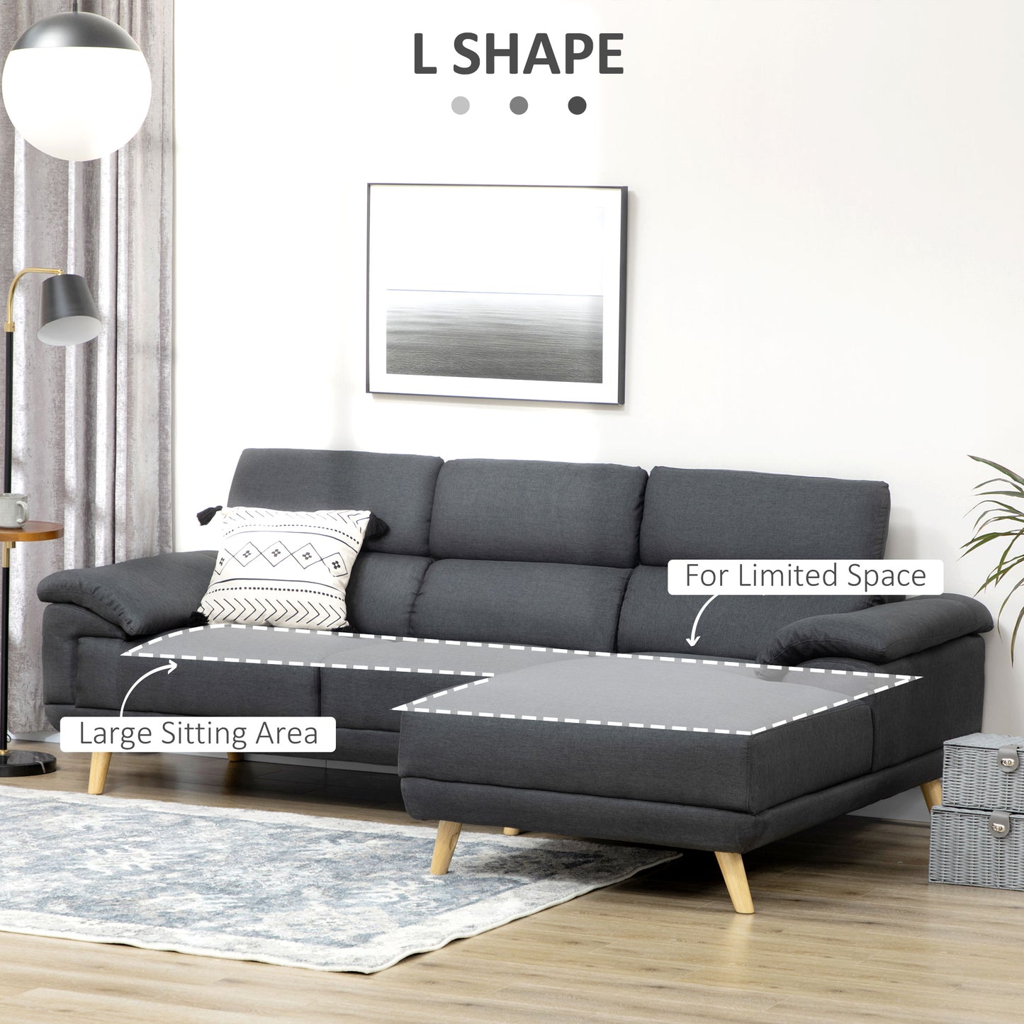 HOMCOM Corner Sofas for Living Room, Fabric L Shaped Sofa Settee with Adjustable Headrest, 3 Seater Couch, Dark Grey