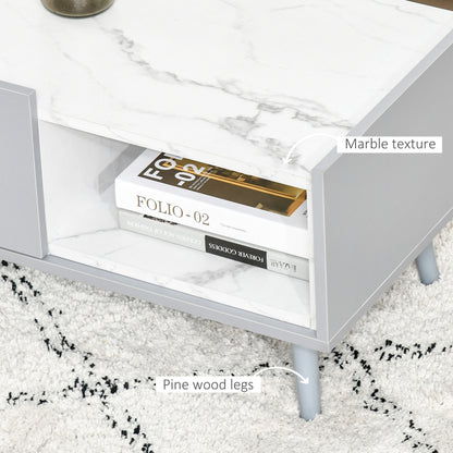 HOMCOM Two-Tone Coffee Table | Duo Storage Side Storage Furniture | Modern Marble Effect w/ Shelf Drawer Table Top Wood Legs Grey - White