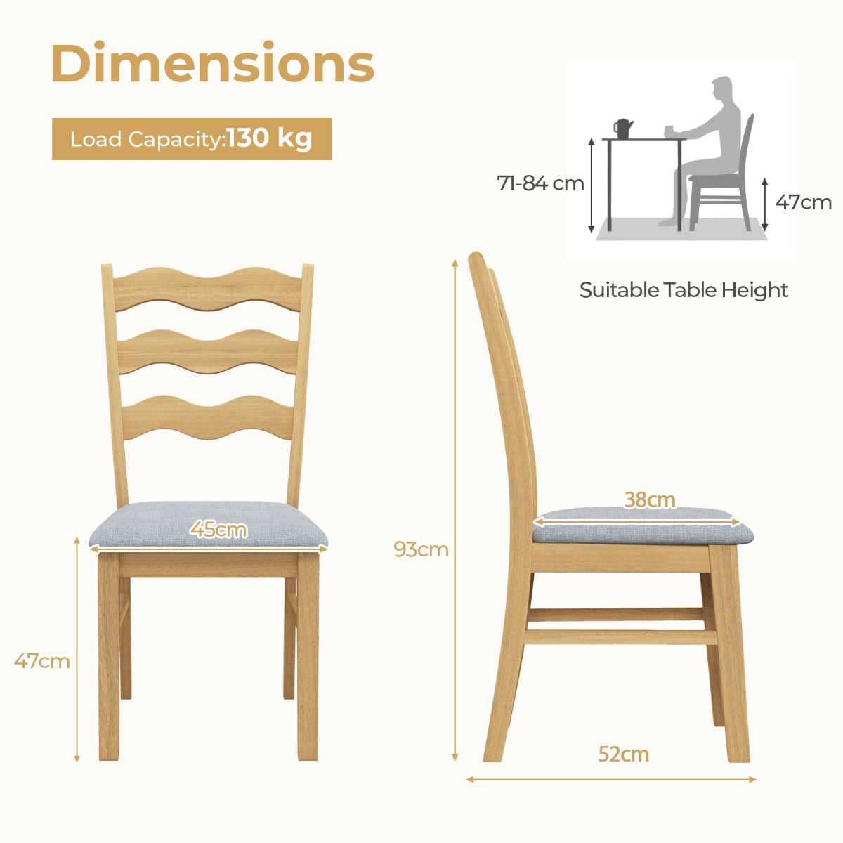 Dining Chair Set of 2 with Padded Seat for Dining Room Living Room Home-Natural