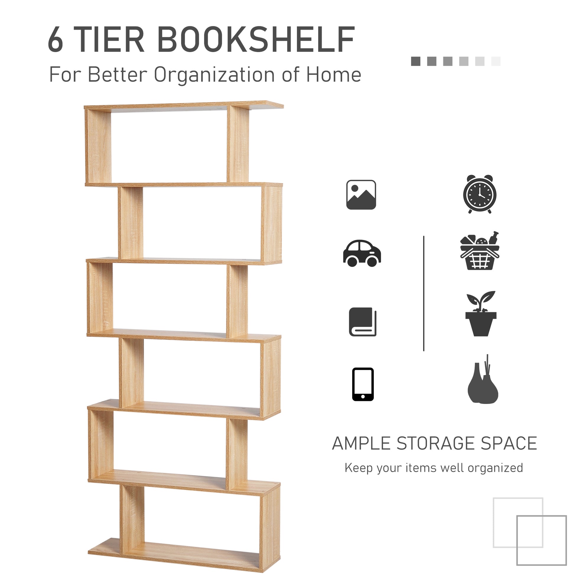 HOMCOM Wooden Wood S Shape Storage Display 6 Shelves Room Divider Unit Chest Bookshelf Bookcase Cupboard Cabinet Home Office Furniture (Oak)