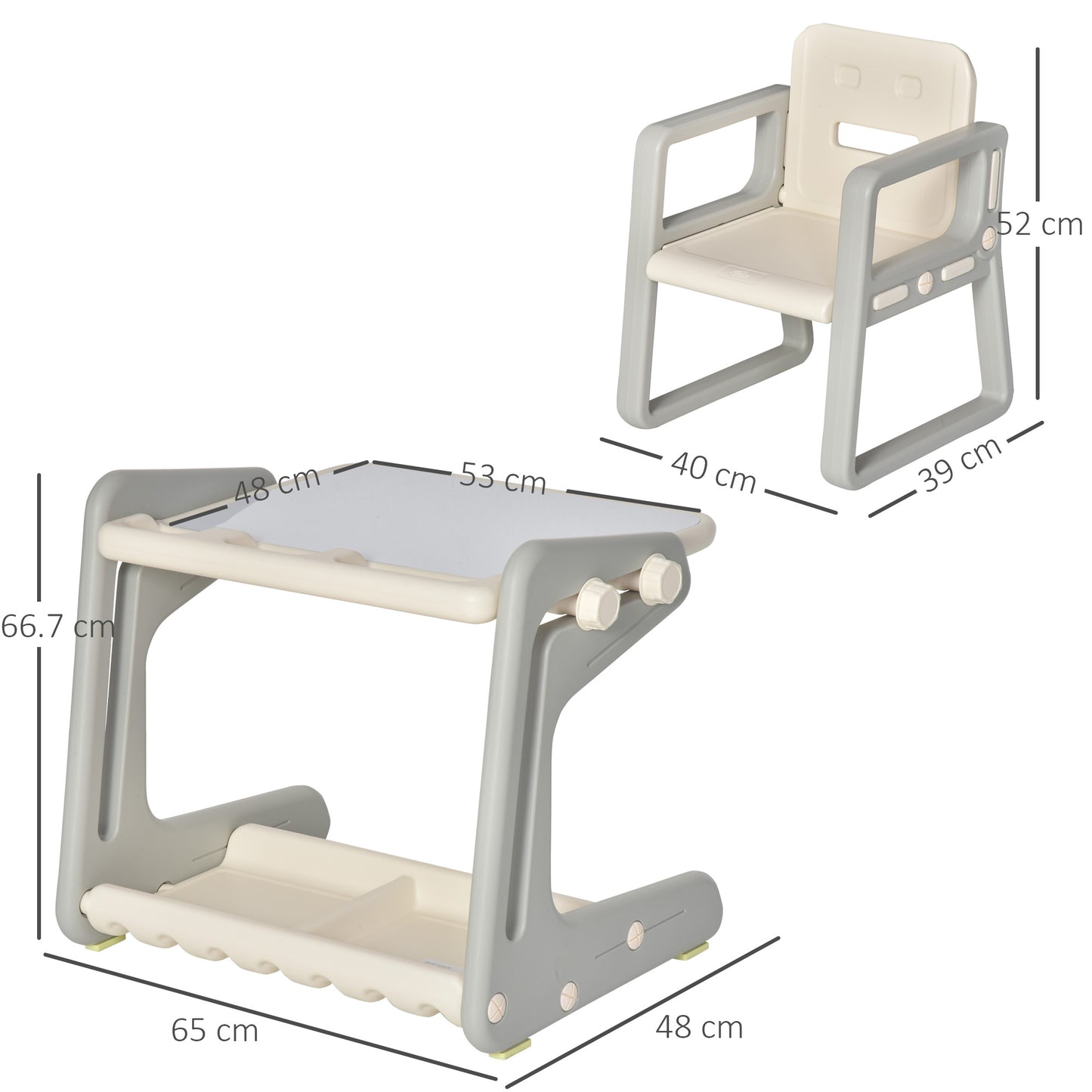 HOMCOM Kids Study Table and Chair Set 2-In-1 Design Drawing Board Writing Desk with Whiteboard Pens Eraser Storage Tray Toddlers Grey/White