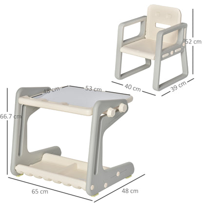 HOMCOM Kids Study Table and Chair Set 2-In-1 Design Drawing Board Writing Desk with Whiteboard Pens Eraser Storage Tray Toddlers Grey/White