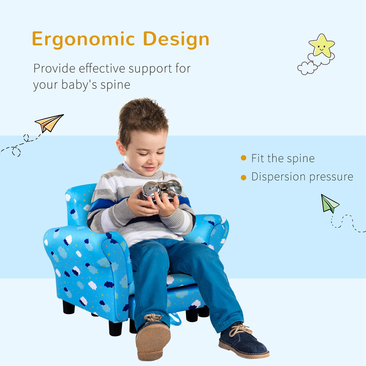 HOMCOM Childrens Sofa Mini Sofa Wood Frame w/ Footrest Anti-Slip Legs High Back Arms Bedroom Playroom Furniture Cute Cloud Star Blue