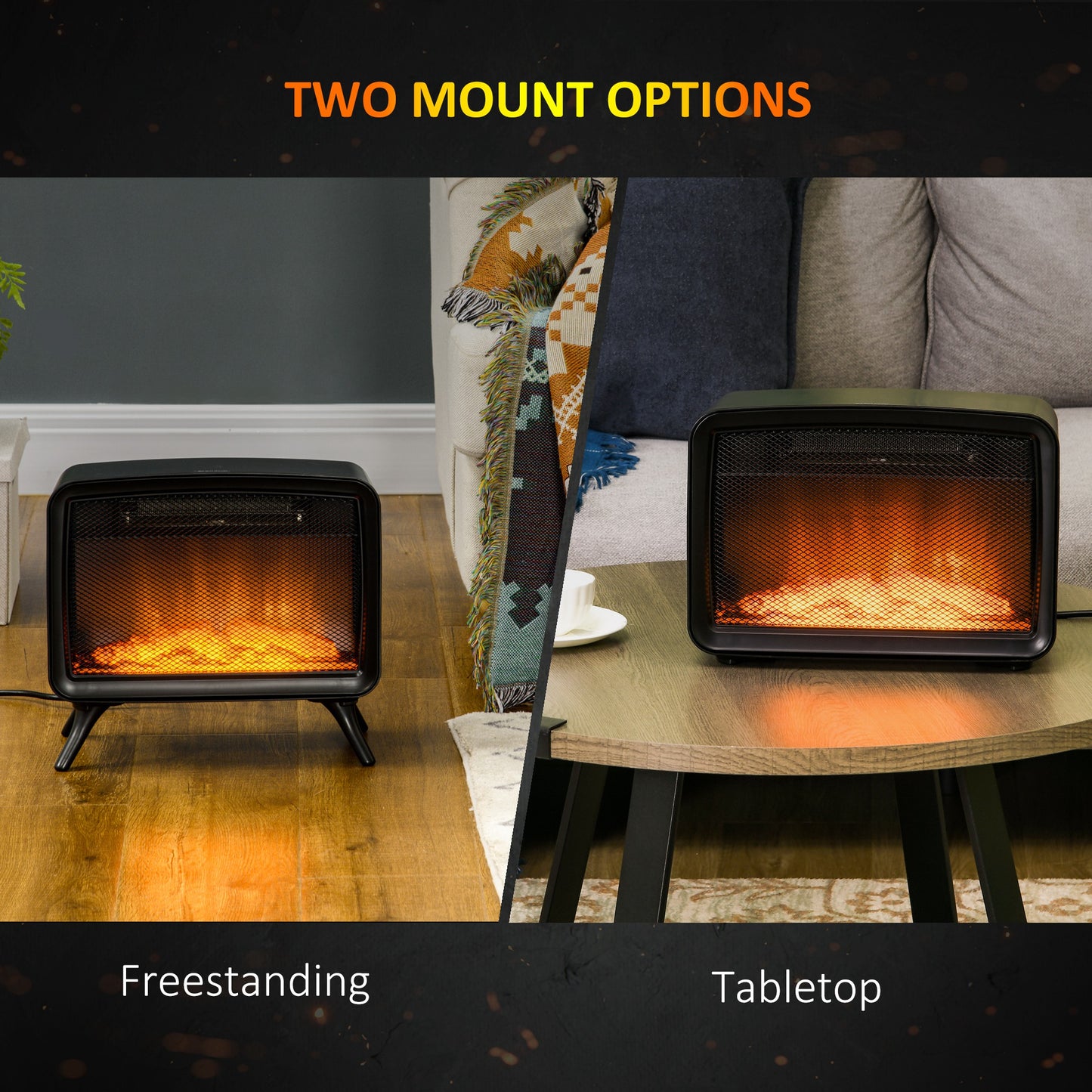 HOMCOM Electric Fireplace Stove, Freestanding or Tabletop, with LED Flame Effect, Overheating Protection, 800W/1600W